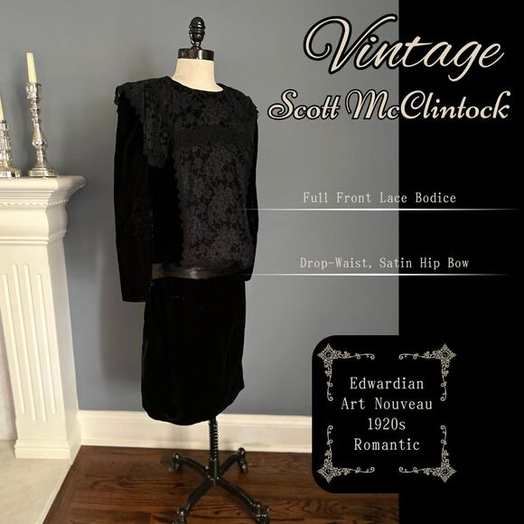 Scott McClintock Black Velvet Dress Edwardian ShabbyChic Retro 20s Gunne Sax - Picture 1 of 11